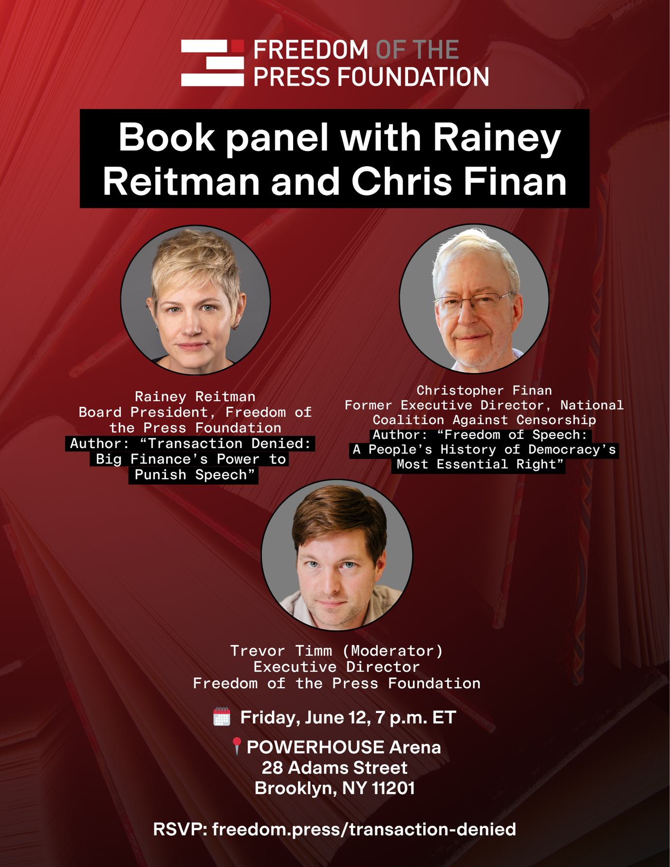Flyer for FPF event with our board president Rainey Reitman on June 12 at POWERHOUSE Arena in Brooklyn
