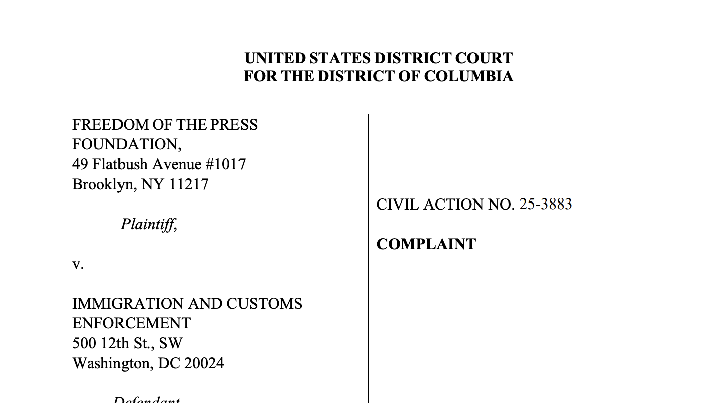 Screenshot of a portion of a Freedom of Press Foundation lawsuit against the Trump administration.