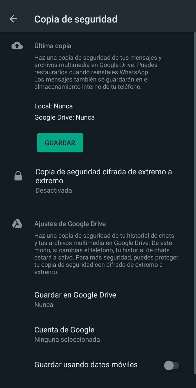 Captura de pantalla de las opciones de copia de seguridad de Chat en Whatsapp