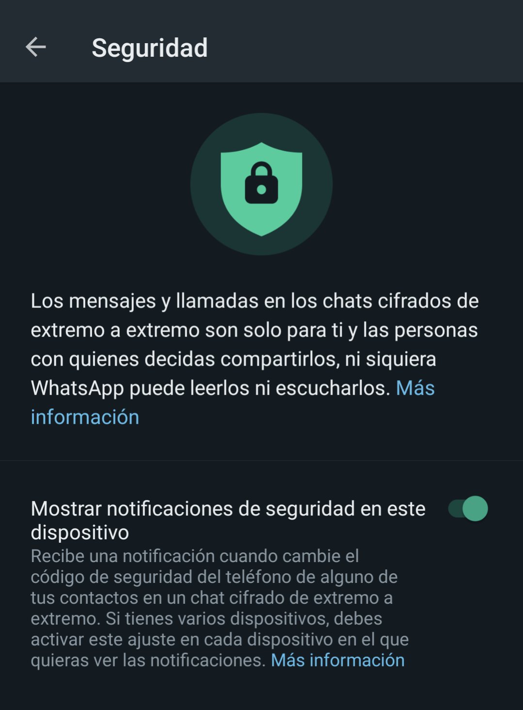 Captura de pantalla de las opciones de notificación de seguridad en Whatsapp