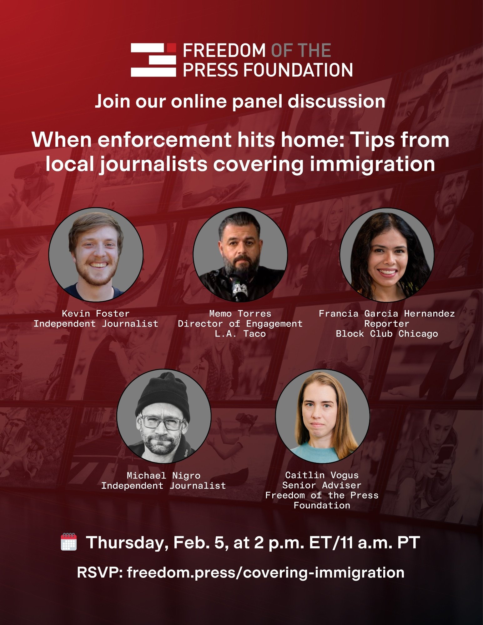 Flyer for an online panel discussion of local journalists covering immigration