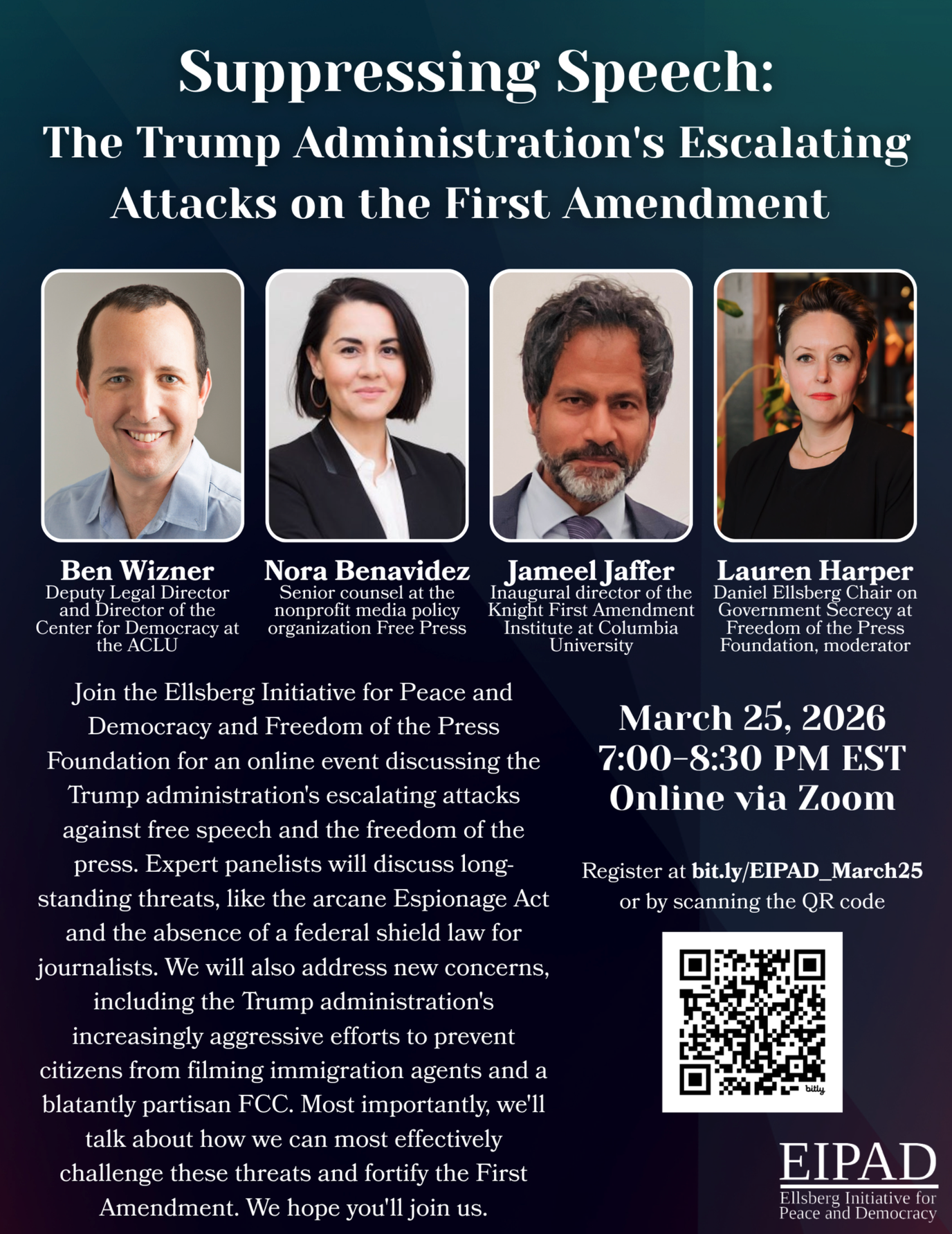 Flyer for online event on the Trump administration's escalating attacks on the First Amendment on March 25