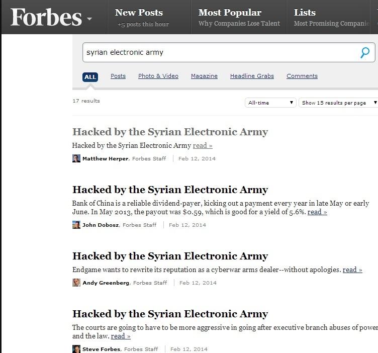 A screenshot of the Forbes blogposts defaced by the Syrian Electronic Army