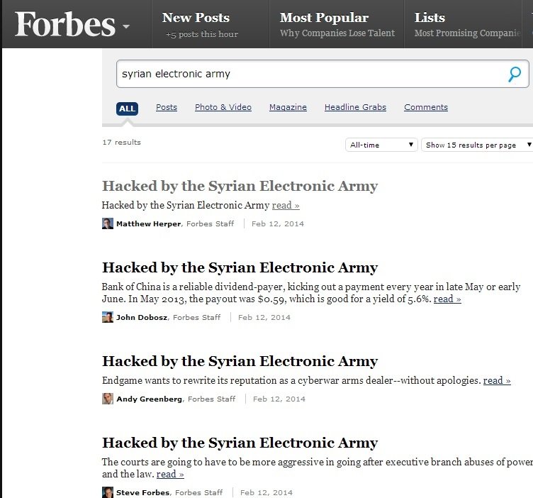 A screenshot of the Forbes blogposts defaced by the Syrian Electronic Army