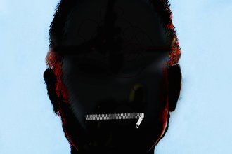 An illustrated silhouette of a man's head, facing front, with a closed zipper in place of his mouth.