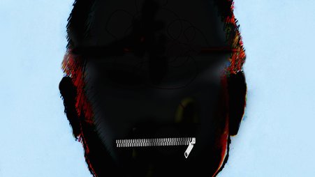 An illustrated silhouette of a man's head, facing front, with a closed zipper in place of his mouth.