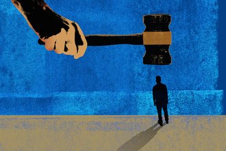 Illustration of a large hand holding gavel about to hit small man