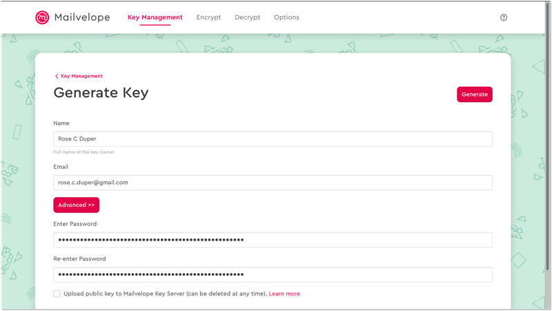 Generating a key in Mailvelope without uploading it to a key server immediately