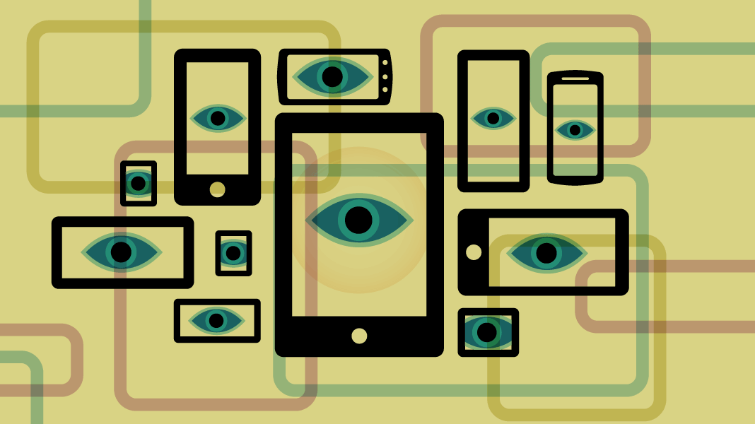Illustration of numerous digital devices with eyes in the middle