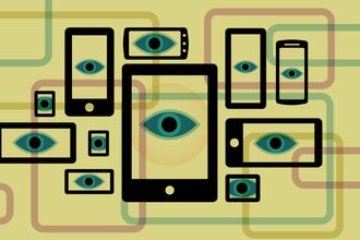Illustration of numerous digital devices with eyes in the middle