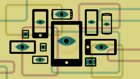 Illustration of numerous digital devices with eyes in the middle