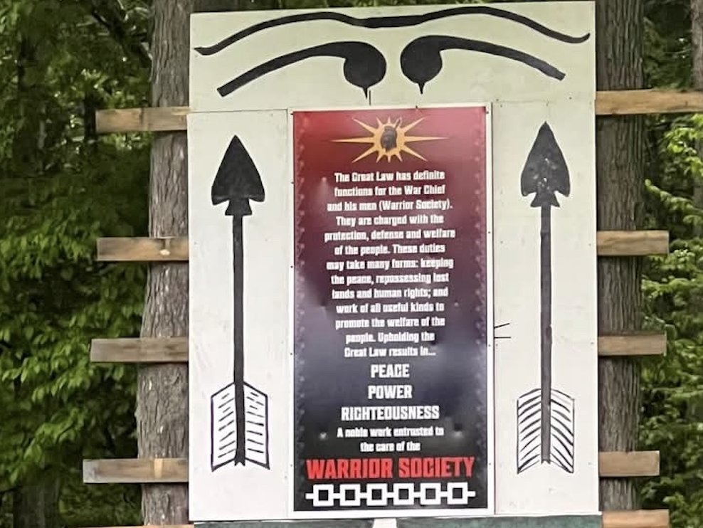 A Mohawk Warrior Society sign at the site on Barnhart Island where Isaac White was arrested.