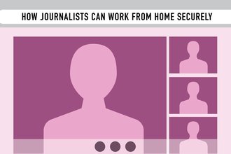 Header image of an online meeting application, reading "How journalists can work from home securely" at the top of the screen
