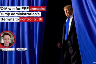Photo of Trump emerging from a blue curtain, with picture of Lauren Harper and Meidas Touch logo superimposed
