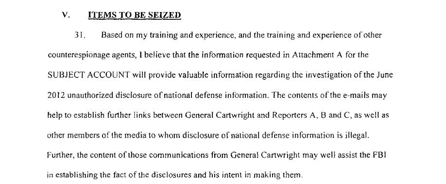 A section of the warrant for Cartwright's email account, specifiying the specific items to be seized from his email account