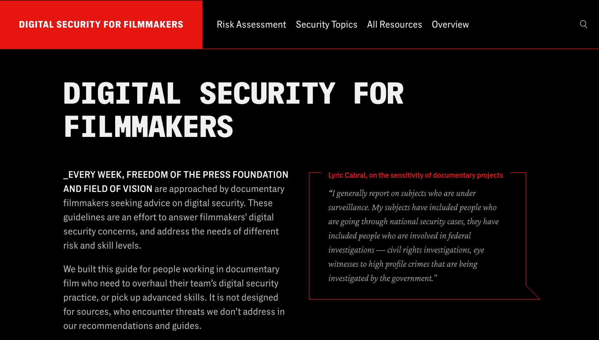 Digital Security for Filmmakers platform landing page