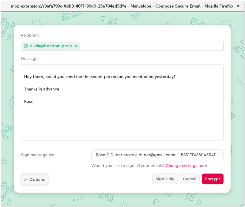 Composing an encrypted email in Mailvelope, signed