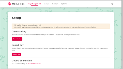 Mailvelope setup window displaying the options to either generate a key with Mailvelope or import a key from a backup