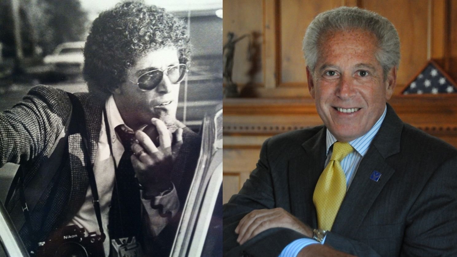 Black and white photograph of a young Osterreicher with curly hair, aviator sunglasses, and a camera around his neck (right). Color photograph of an older Osterreicher in a suit and yellow tie, looking at the camera (left).