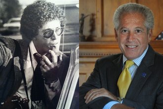 Black and white photograph of a young Osterreicher with curly hair, aviator sunglasses, and a camera around his neck (right). Color photograph of an older Osterreicher in a suit and yellow tie, looking at the camera (left).