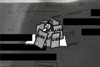 An illustration of a man surrounded by squares that say "LIES"