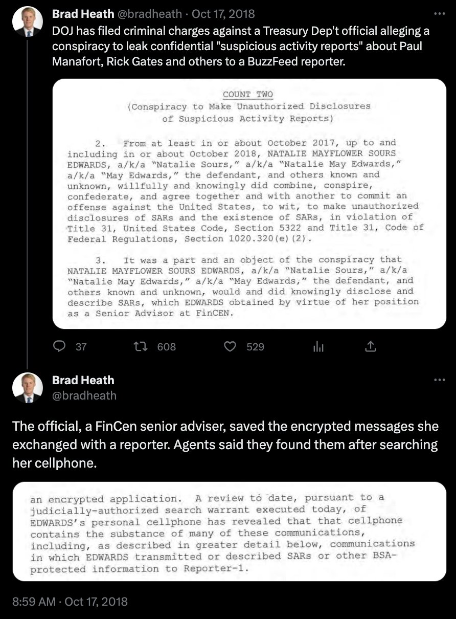 Screenshot of tweets detailing the Department of Justice's evidence from Natalie Edward's phone concerning communications with a reporter