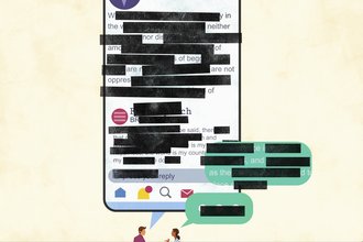 A drawing of two people conversing with speech bubbles, one containing a cellphone with blacked out and redacted text, and the other with speech that is blacked out and redacted.