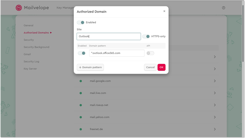 Configuring authorized domains in Mailvelope, Outlook