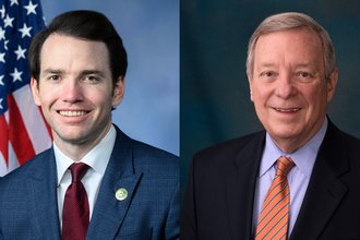 Official portrait of Rep. Kevin Kiley, on left, wearing a blue jacket and red tie; Official portrait of Sen. Dick, on right, wearing black jacket and striped tie.