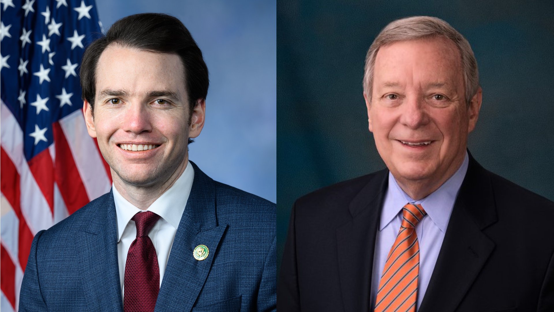 Official portrait of Rep. Kevin Kiley, on left, wearing a blue jacket and red tie; Official portrait of Sen. Dick, on right, wearing black jacket and striped tie.