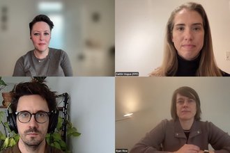 Screenshot of a zoom panel showing four speakers. The top left square shows Lauren Harper, top right shows Caitlin Vogus, bottom right shows Katie Drummond, and bottom left shows Joseph Cox.