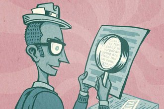 Illustrated image of a man wearing glasses and a fedora with paper in the rim like an old-fashioned reporter, holding a magnifying glass up to a document with some redactions.