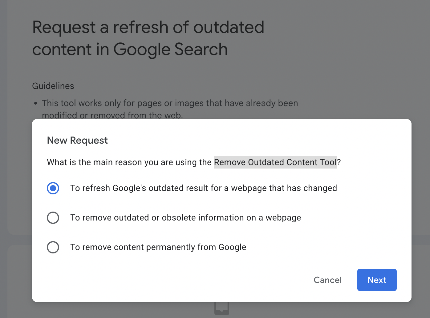 Google’s “Refresh Outdated Content” tool