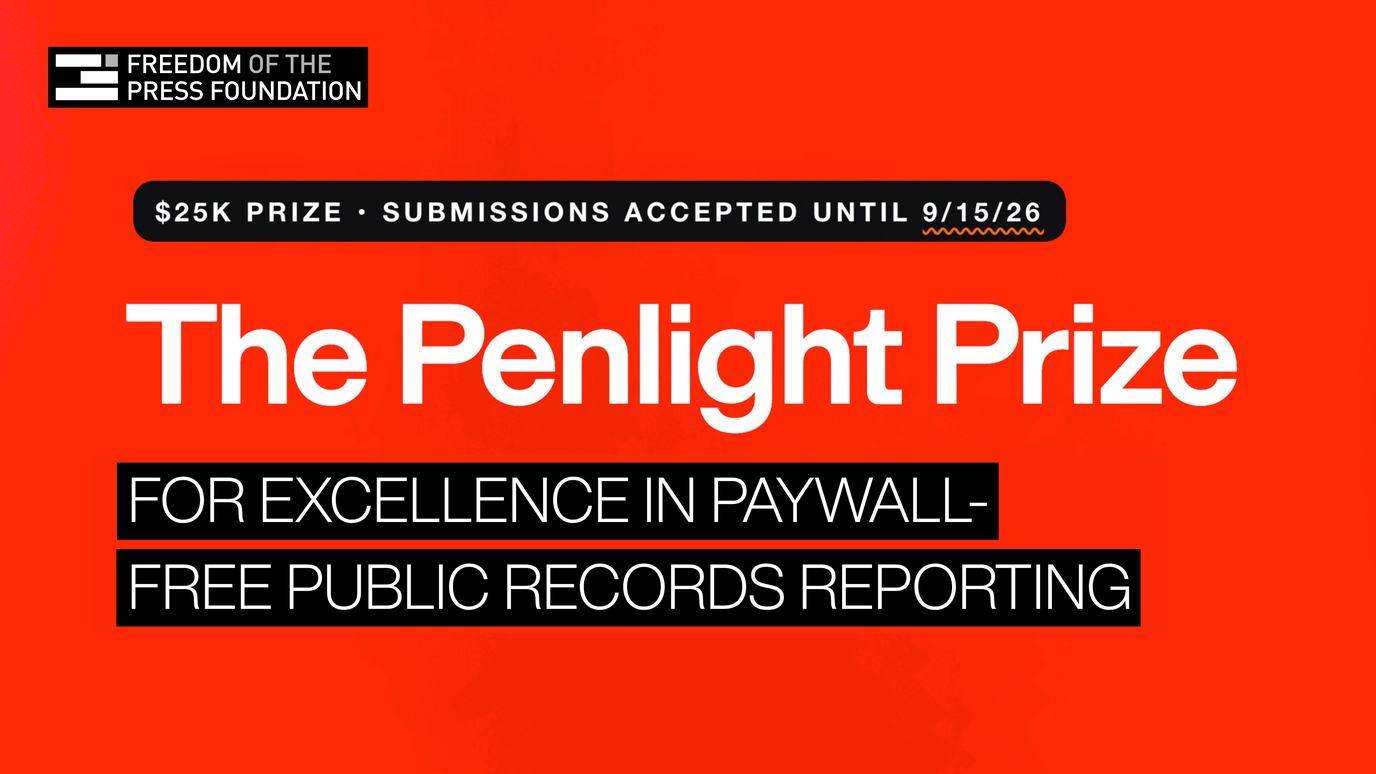 A screenshot of the website for the Penlight Prize for excellence in paywall-free public records reporting, announcing an extended deadline of Sept. 15, 2026