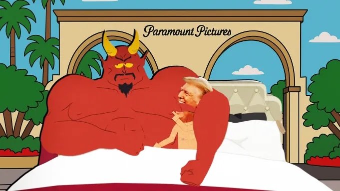 A screenshot from the cartoon South Park showing President Donald Trump in bed with the devil.