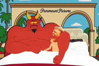 A screenshot from the cartoon South Park showing President Donald Trump in bed with the devil.