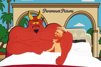 A screenshot from the cartoon South Park showing President Donald Trump in bed with the devil.