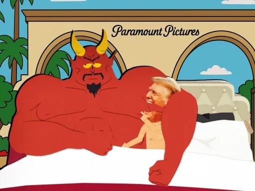 A screenshot from the cartoon South Park showing President Donald Trump in bed with the devil.