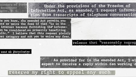A collection of text fragments in white font, highlighted in black, pulled from State Department documents