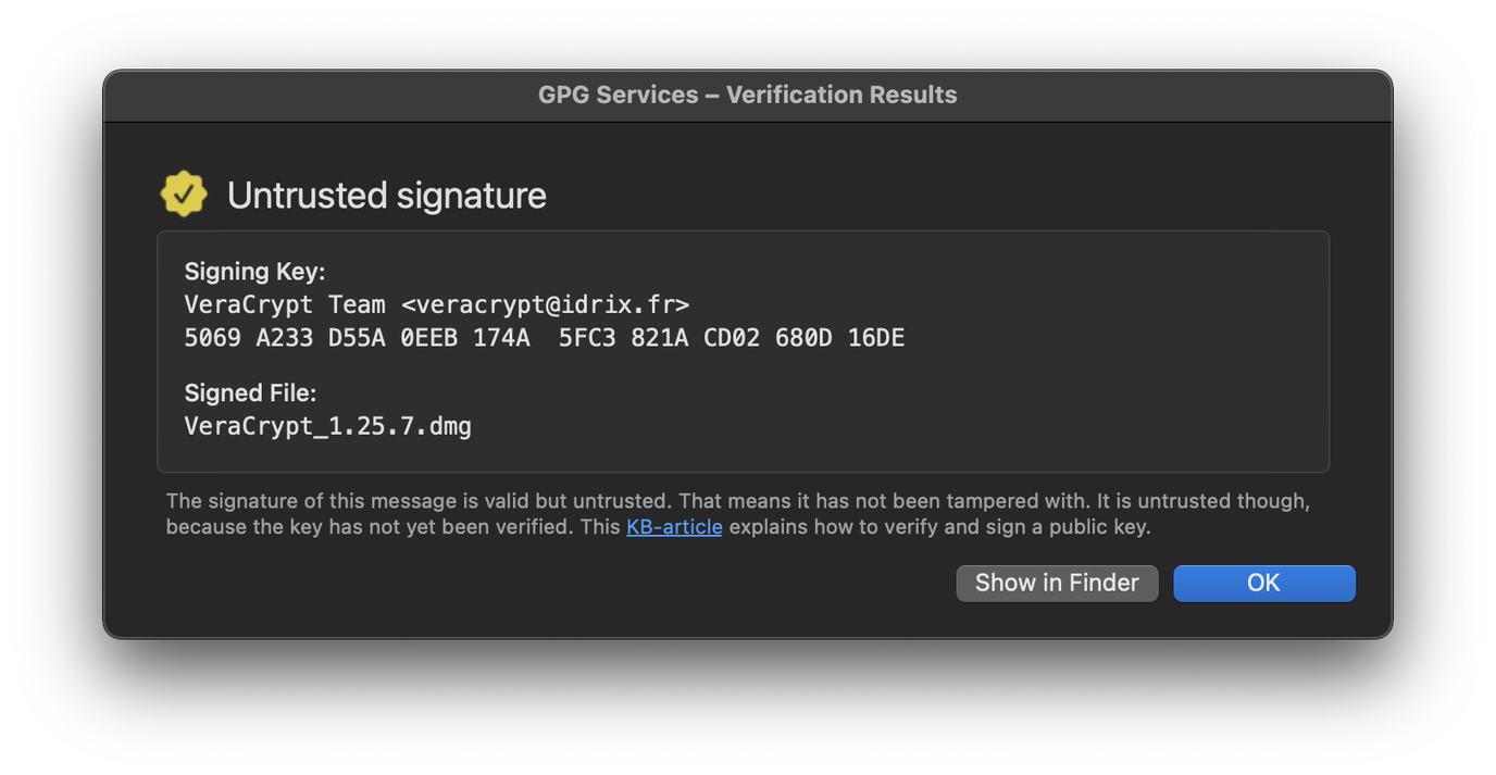 Untrusted valid signature dialog in GPGTools for macOS