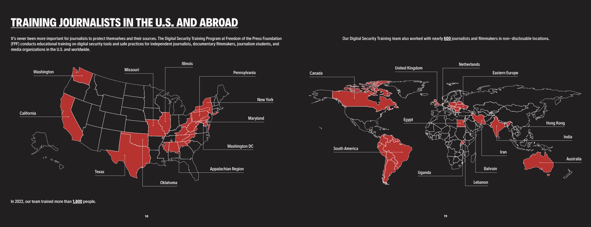 Map of Digital Security Training Team’s 2022 Reach: Training Journalists in the U.S. and Abroad
