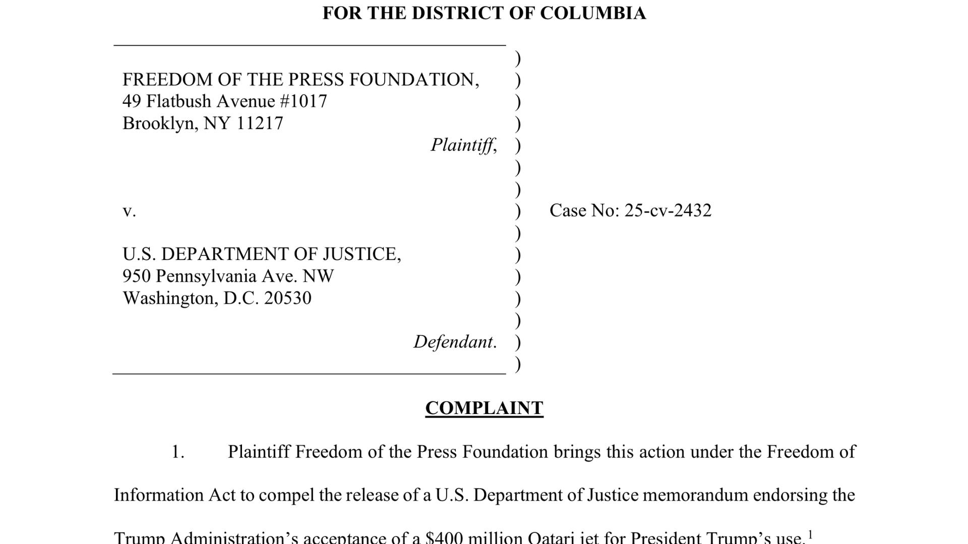 FPF vs DOJ lawsuit screenshot