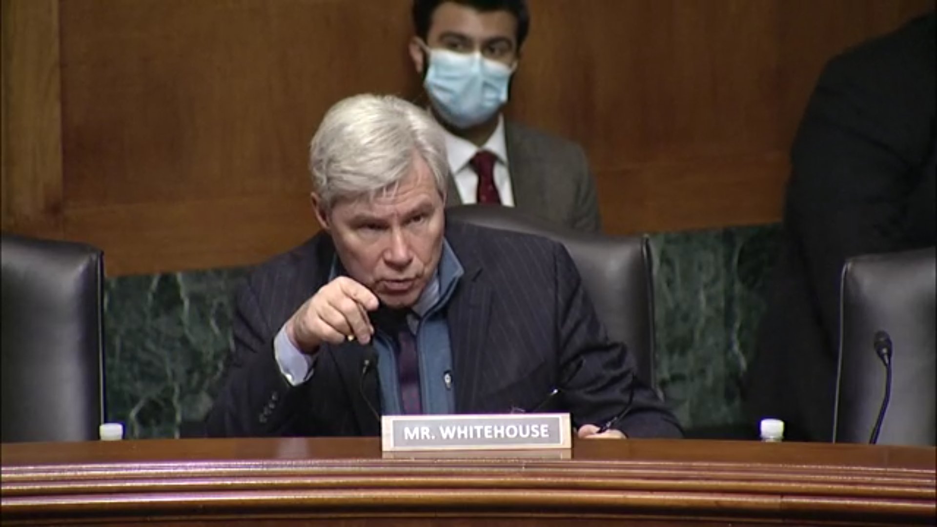 Senator Sheldon Whitehouse poses a question at the Senate Judiciary Committee hearing on FOIA
