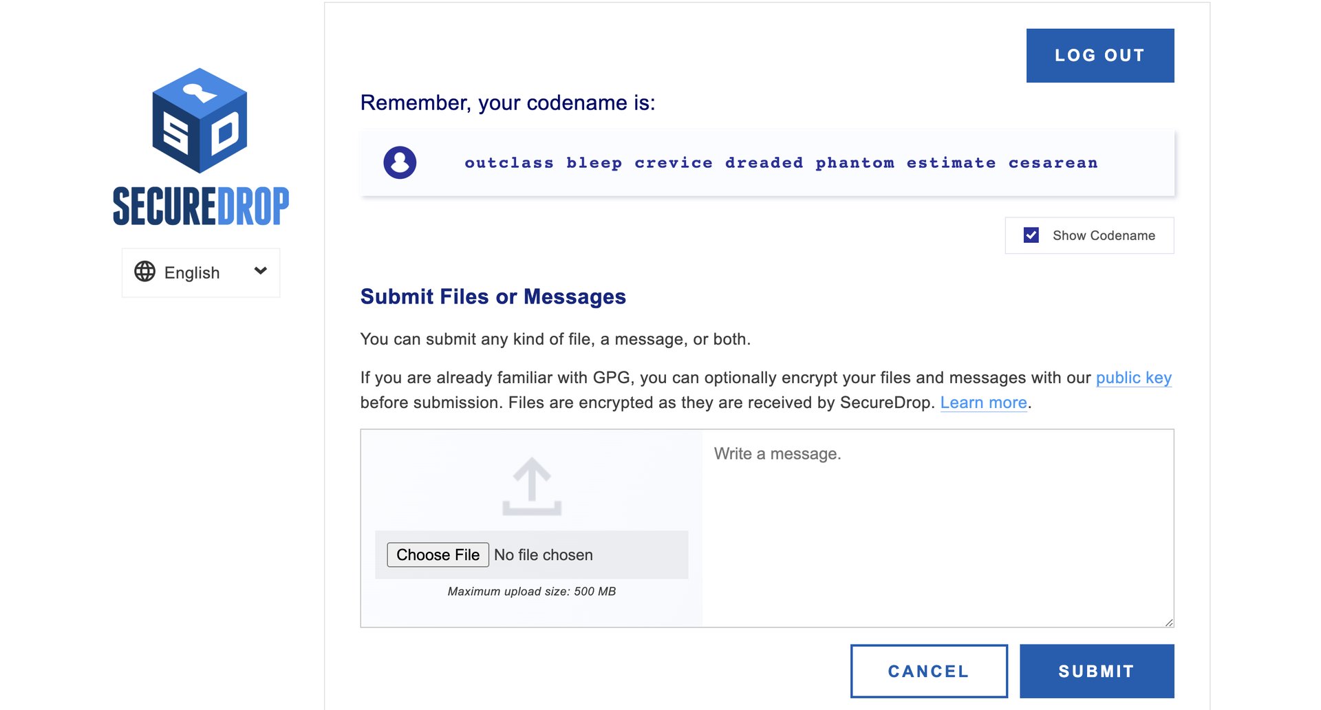 The source interface for SecureDrop. This is what the anonymous whistleblower used to share leaked documents with reporters.