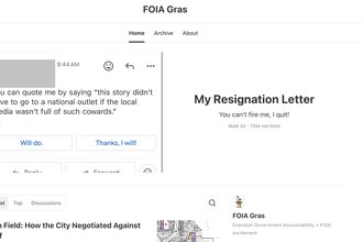The homepage of citizen journalist Tom Hayden’s newsletter, FOIA Gras, showing his last post — his resignation letter.