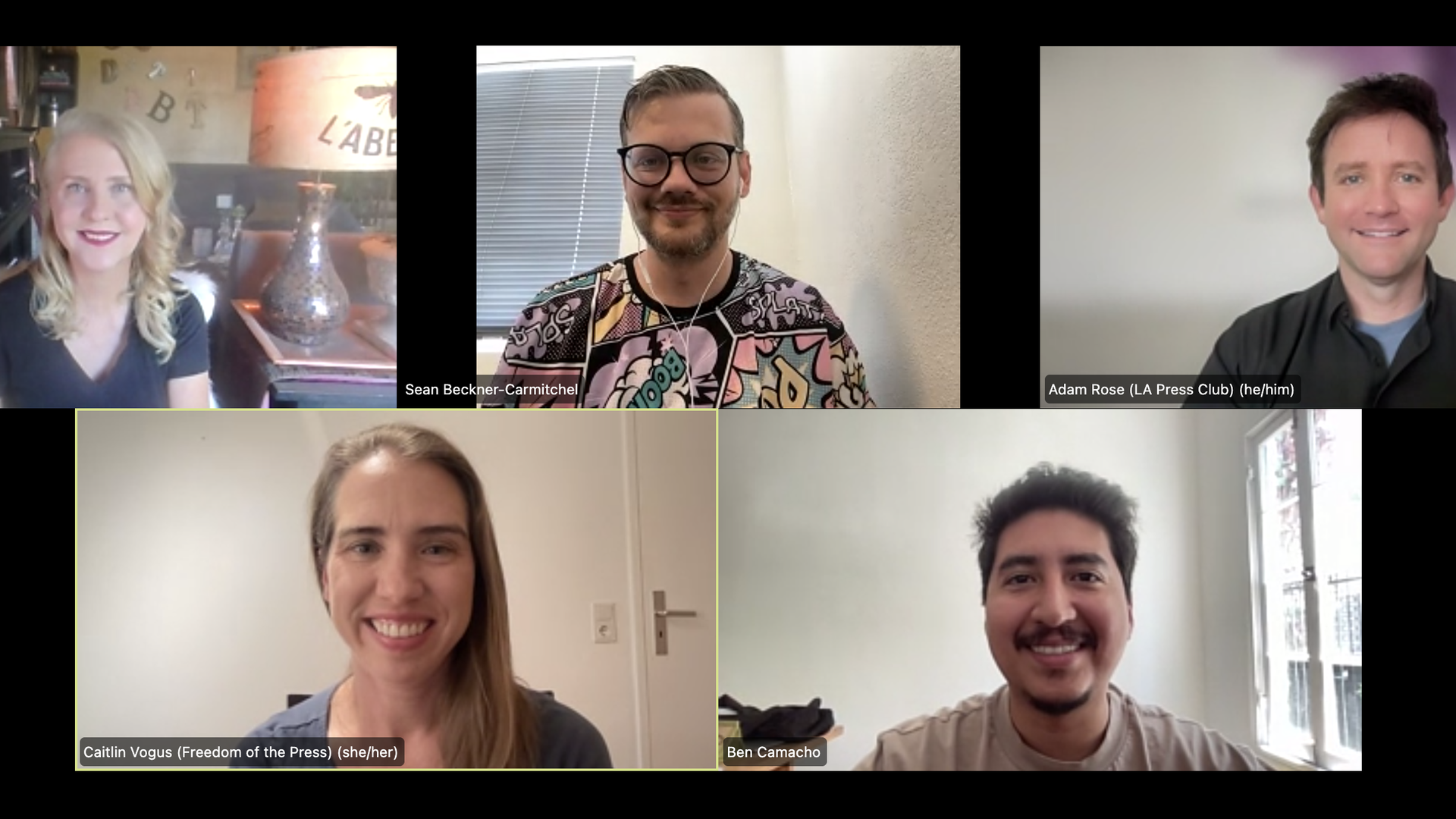 Screenshot of Zoom, showing five speakers, clockwise from top left, Tina-Desiree Berg, Sean Beckner-Carmitchel, Adam Rose, Ben Camacho, and Caitlin Vogus.