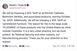 Trump Truth Social post re tariffs on kitchen cabinets, bathroom vanities, and associated products