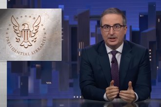 A screenshot of John Oliver talking about presidential libraries on "Last Week Tonight."