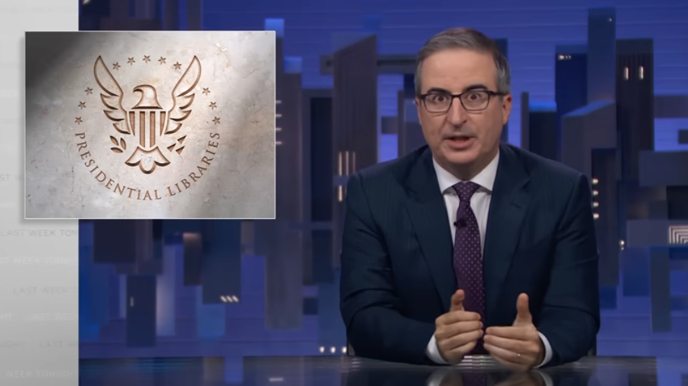 A screenshot of John Oliver talking about presidential libraries on "Last Week Tonight."