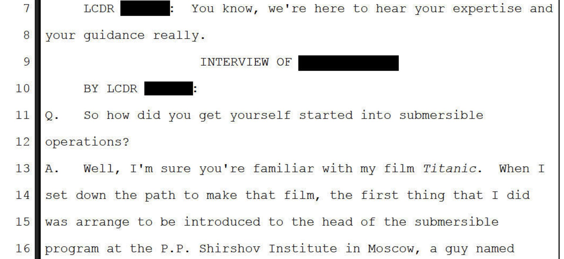 A document released by DOD that shows an interview with a deep sea expert related to the Titan submersible implosion